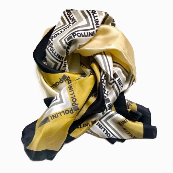 POLLINI 100% Silk Black Yellow Zigzag Logo Scarf - Picture 3 of 8